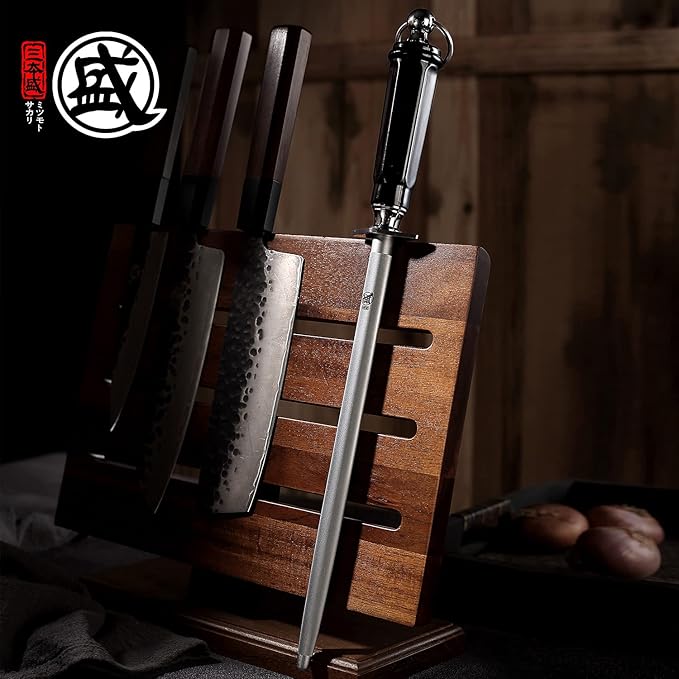 MITSUMOTO SAKARI 12 inch Japanese Honing Steel - Round Diamond Knife Sharpening Rod, Professional High Carbon Sharpener with ABS Handle & Powerful Magnet