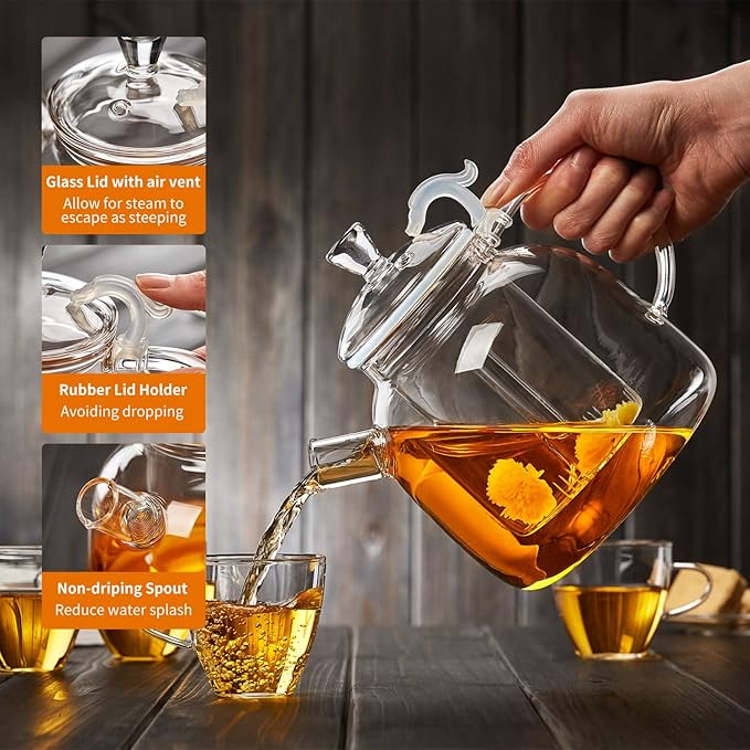 68OZ Glass Teapot, Large Glass Tea Pot With Infuser, Kettle For Stove Top, Tea Cup With Infuser For Loose Leaf Tea Steeper 2000ML, Dishwasher Safe