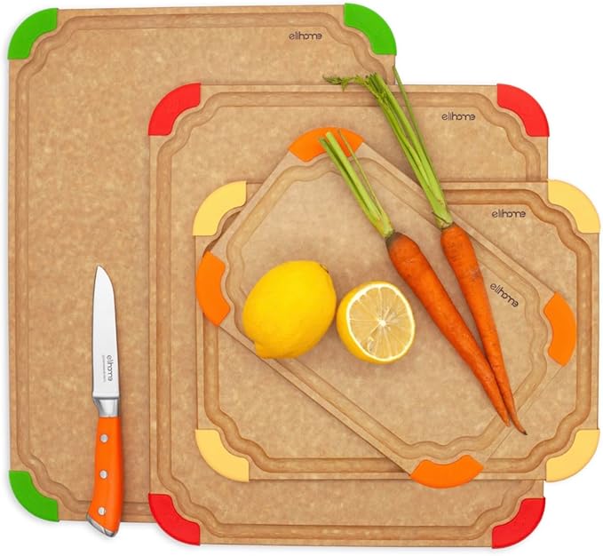Elihome Premium Series 4-in-1 Kitchen Cutting Board Set, Non Slip Feet, Color Coded with Food Icon, Natural Wood Fiber, Dishwasher Safe, Eco-Friendly, Juice Grooves,Non Porous, BPA Free, Made in USA