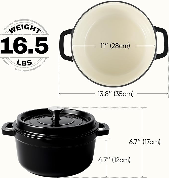 6.5 Quart Dutch Oven Pot with Lid, Non Stick Enameled Cast Iron Dutch Oven for Bread Baking, Heavy-Duty, Oven Safe Ceramic Cookware Up to 500°F for Baking, Braising, Stews, Roasting, Black