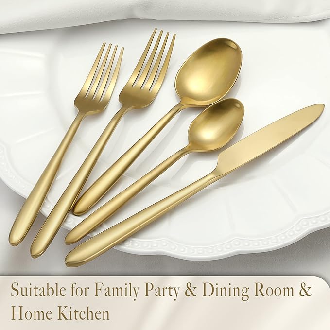 DEACORY Silverware Set Flatware Set Matte Gold Cutlery Set Brushed Finished Heavy Brass Drip Handle Stainless Steel 20 Pieces Service for 4