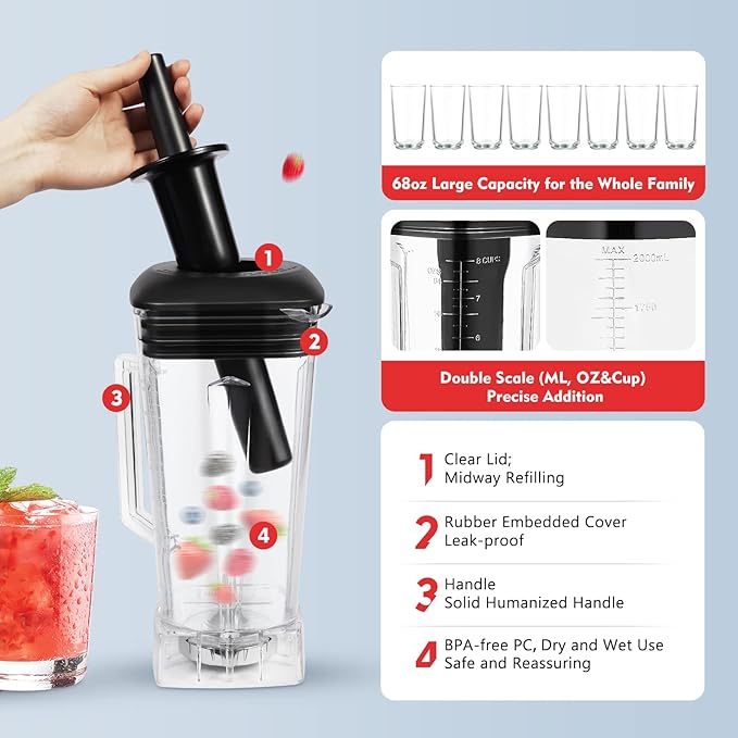2L 2200W Professional Countertop Blender Heavy Duty Household Grade Blender Mixer with Food Grade ABS Stirring Rod for Milkshakes and Ice Cream (red)