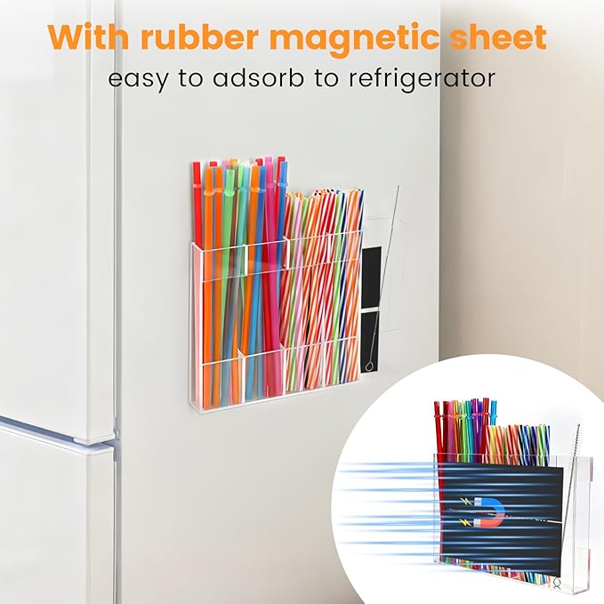 Acrylic Magnetic Straw Holder, Straw Organizer Dispenser with Two Pieces Magnet Sheets, Drinking Straw Storage Holder for Cabinet Door Fridge Counter Kitchen Office (Transparent)
