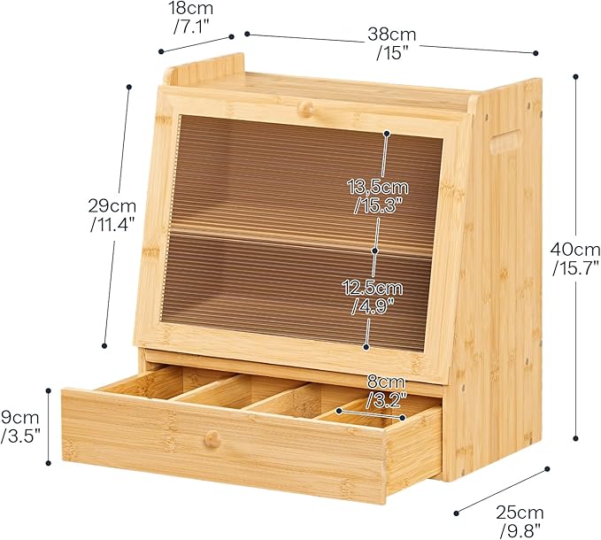 HOOBRO Bread Box, Bamboo Bread Box Storage Container with Drawer, 2-Tier Kitchen Countertop Food Storage Box with Acrylic Door, for Food, Natural YL21MB01