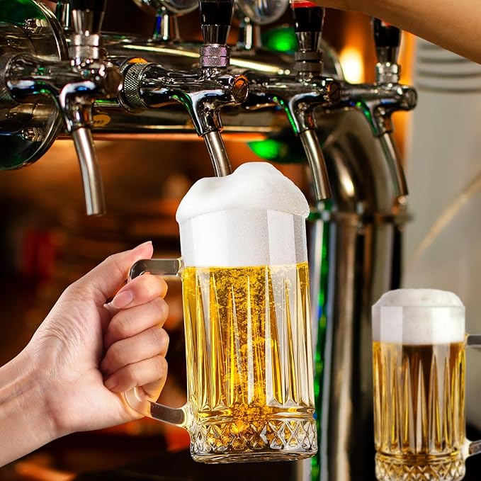 20oz Beer Mug, 4 Pack Glass Beer Mugs for Freezer, Clear Large Beer Steins with Handle, Gifts for Men