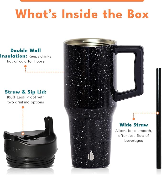 Elemental 32 oz 100% Leak Proof Tumbler with Handle & Straw - Stainless Steel Double Wall Insulated Tumbler for Hot and Cold Beverages - Travel Coffee Mug with Sip & Straw Lid - Black Speckle