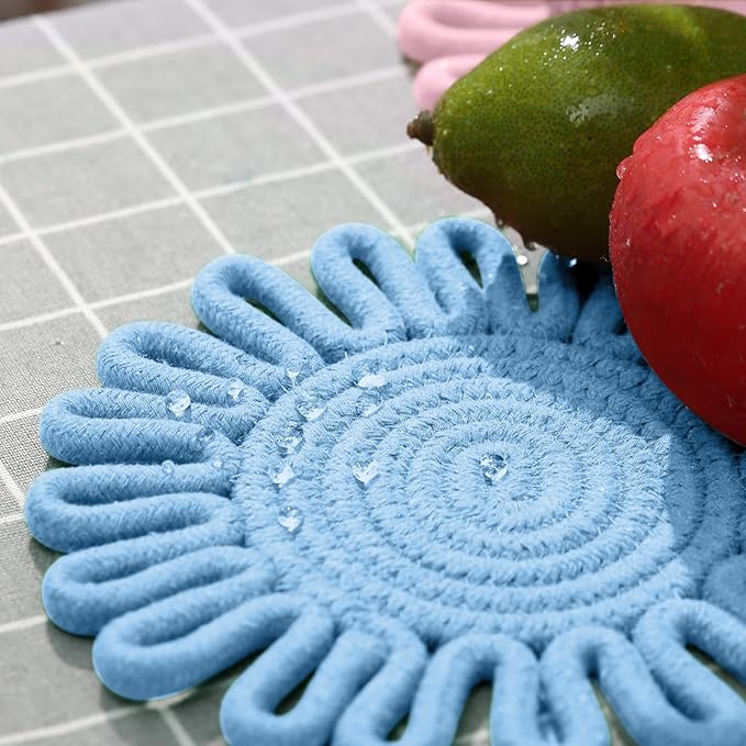 Trivet Mats Set for Hot Dishes, Trivet for Pots and Pans, Heat Resistant Hot Pads, Potholders for Kitchen, Colorful Boho Trivets, Table Decorations,Kitchen Essentials for New Home 7.5"(Blue)