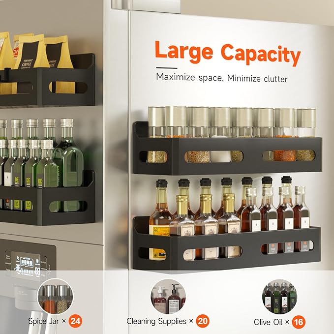 4 Pack Magnetic Spice Rack for Refrigerator, Spice Rack Organizer, Moveable Magnetic Shelf Fridge Organizer with 4 Hooks for Kitchen and Oven Organization, Black