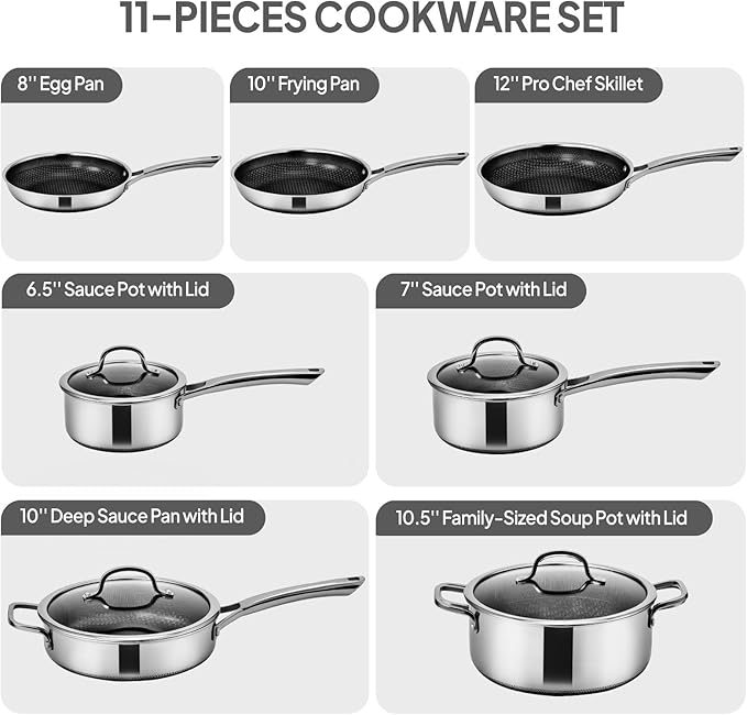 VINGLI 11 Pcs Non-Stick Cookware Set, Stainless Steel Pots and Pans Set with Lids, Non-Toxic Saute Sauce Pot, Soup Pot, Frying Pan, PFOA & PTFE Free, Compatible for All Cooktops (11 Nonstick Set)