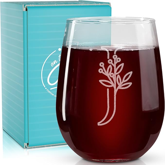On The Rox Drinks Monogrammed Gifts For Women and Men - Letter A-Z Initial Engraved Monogram Stemless Wine Glass - 17 Oz Personalized Wine Gifts For Women and Men (J)