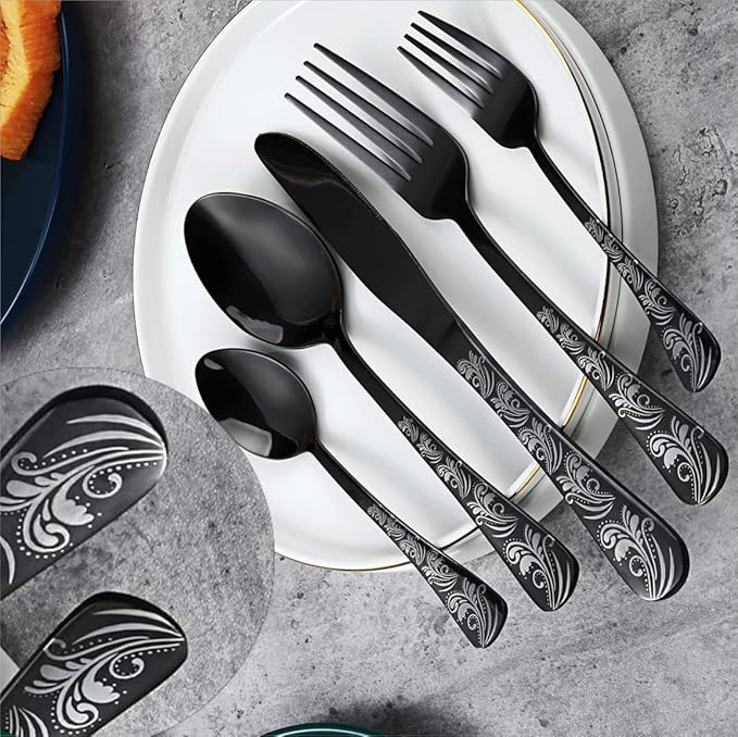 Black Silverware Set, Stainless Steel Flatware Set 30 Pcs for 6, Includes Forks Knives Spoons, Mirror Polished Eating Utensils Sets, Durable Restaurant Cutlery Set - Dishwasher Safe