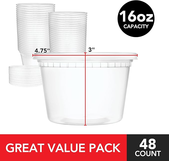 Stock Your Home 16oz Plastic Deli Containers with Lids (48 Pack), Disposable & Reusable Freezer Containers, To Go Soup Containers, Microwave Safe