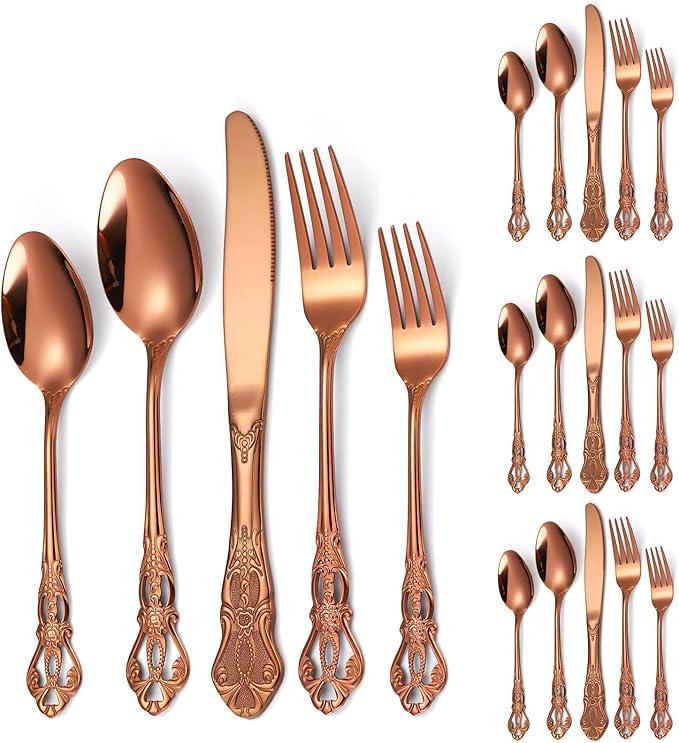 Royal Flatware Set for 4 Copper/Rose Gold Silverware Stainless Steel Cutlery 20 Piece With Vintage Relief Deisgn Kitchen Utensils Retro Forks Spoons Knives Parties Daily Use