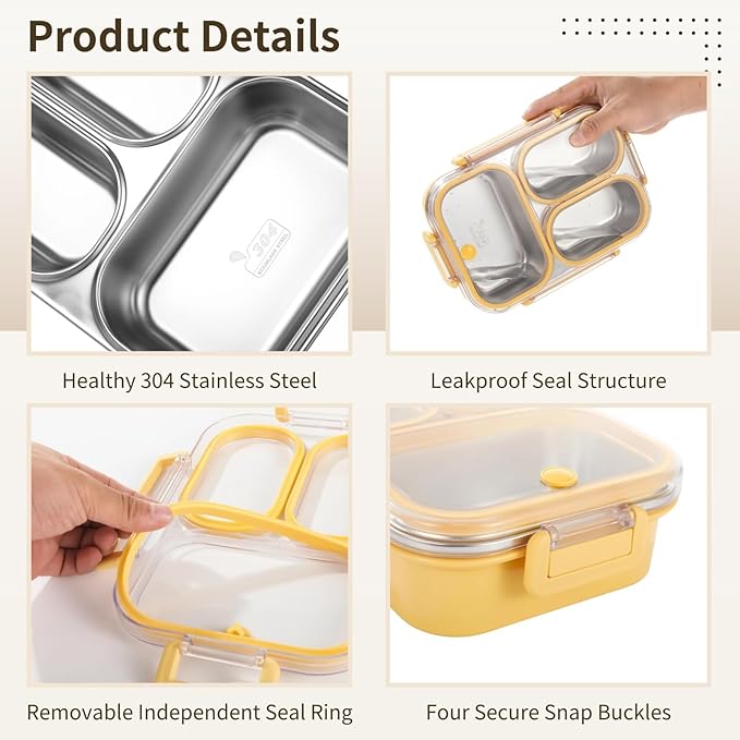 Stainless Steel Bento Box, 3-Compartment Lunch Container, 25 oz Leakproof Food Storage Container with Utensils for Work, Picnic, Yellow