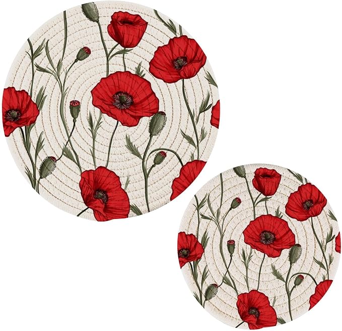Red Poppies Kitchen Trivets Pot Holders Set of 2, Trivets for Hot Pots Dishes Woven Trivet Coaster Pad Mat for Counter