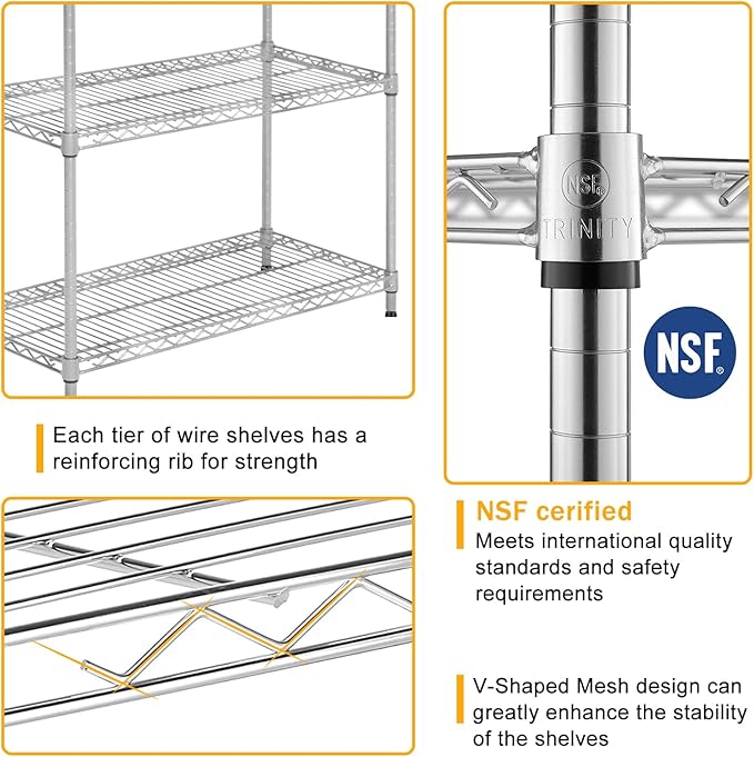5-Shelf Metal Shelving Adjustable 1250Lbs Capacity, Storage Shelves for Garage Laundry Bathroom Kitchen Pantry Closet, NSF Certified Steel Organizer Wire Rack,Chrome, 72" H x 14" D x36 W