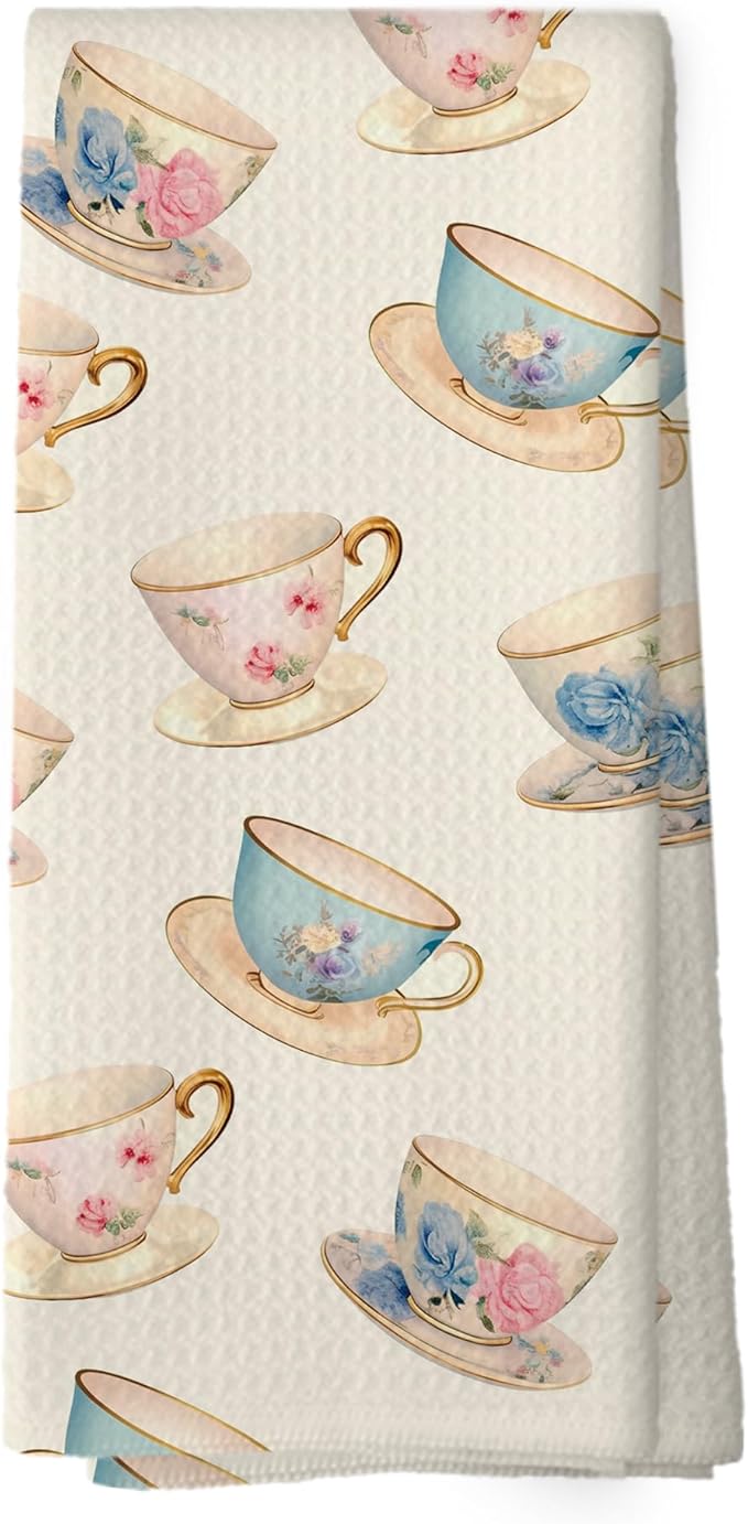 Retro Spring Floral Teacups Kitchen Dish Towels, Elegant Art Tea Party Decor, Coffee Lovers Gifts for Her, Cottage Roses Flower Cups Hand Towels Kitchen Tea Towels Decorations, 16x24inch