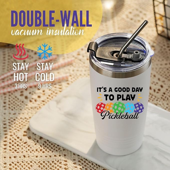 Onebttl Gifts for Pickleball Lovers, Good Day to Play Pickleball, Insulated 20oz Stainless Steel Travel Tumbler with Lid