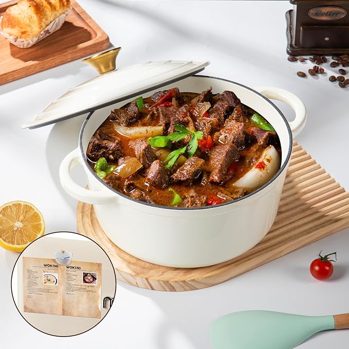 Enameled Cast Iron Dutch Oven Pot with Lid Heavy-Duty Cookware for Bread Baking,Braising,Stews,Roasting,7QT,Oven Safe up to 500°F,creamy white