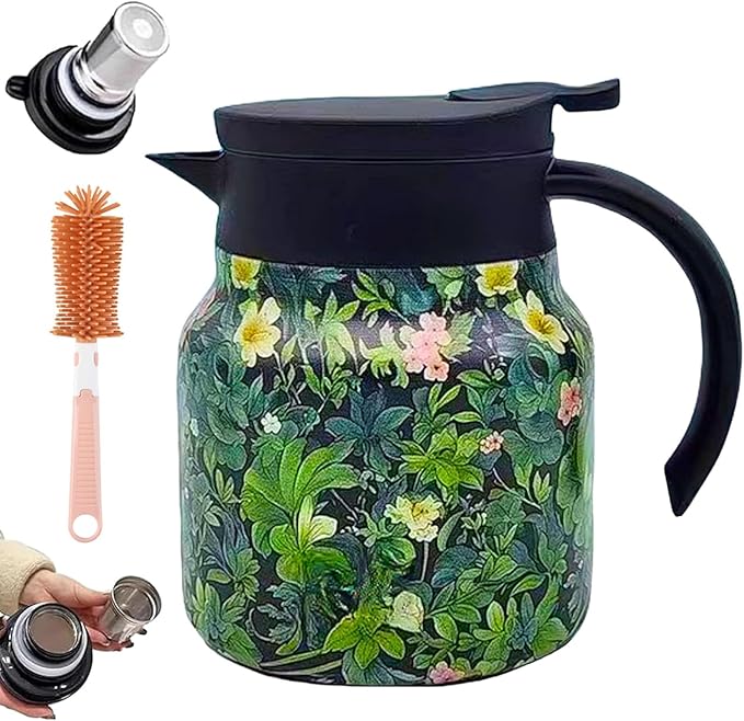 Vintage Floral Pattern Teapot – Built-In Infuser, 800ML/1000ML Heatproof Stainless Steel Teapot with Lid for Hot Drinks (Green, 1000ml-Plastic handle)
