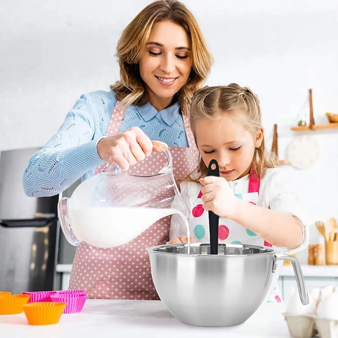 3PCS Double Boiler Pot Set, 1250ML/1.1QT Mixing Bowl with Scale 2200ML/ 2QT Stainless Steel Heating Pot with Silicone Spatula for Cheese Chocolate Candy Candle Soap Wax Melting (1250ml+2200ml)