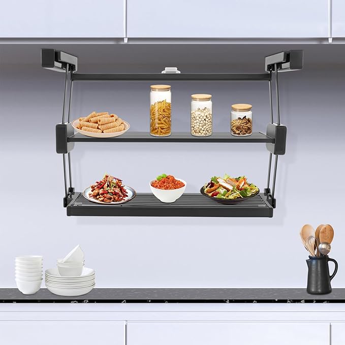 2-Tier Pull-down Kitchen Spice Rack, Spice Drawer Organizer Shelf for Small Space, Height Adjustable Heavy Duty Metal Basket, for kitchens, bedrooms, balconies, offices