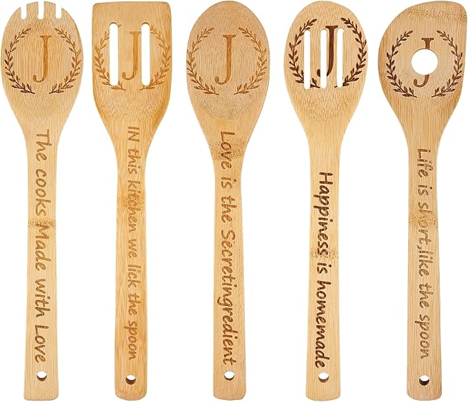 5PCS Initial Wooden Cooking Spoons Initial Letter Kitchen Decor Gifts Personalized Monogrammed Birthday Gifts for Women Mom Friend Housewarming Wedding Bamboo Cooking Spoons