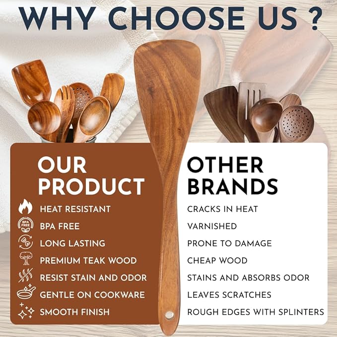 Teak Wooden Utensil Set 6-Piece - Smooth Finish Wooden Spoons for Cooking - Comfortable Grip, Non Scratch Premium Kitchen Wooden Cooking Utensils Set Teak Wood Cooking Utensils