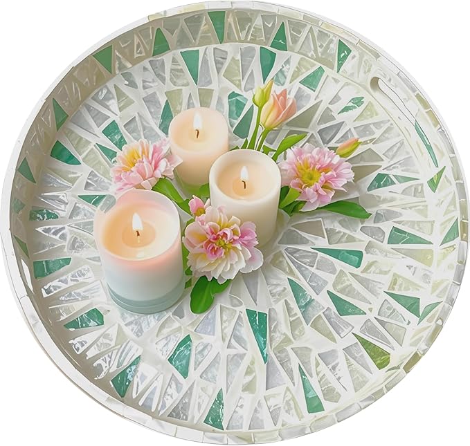 i-LAN 14-Inch Round Mother of Pearl Tray Boho Style Decorative Serving Tray,Beige Green Wooden Ottoman Lacquer Tray, with Handle and 2 Inch Side, Trays for Bread Fruits Coffee