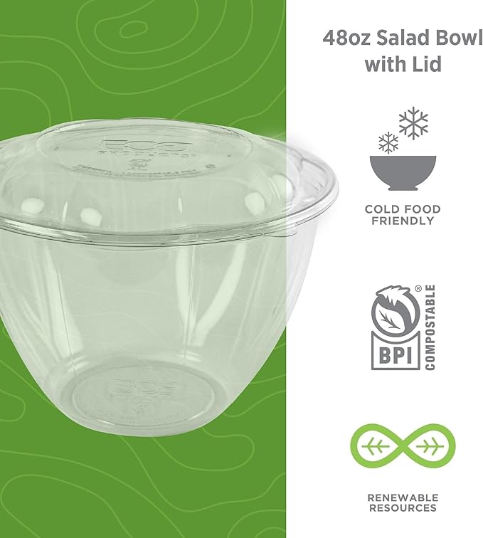 Eco-Products Compostable 48oz Clear PLA Plastic Large Salad Bowl With Lid, Case of 150, Grab 'n' Go Round Cold Takeout Food Containers, Renewable Plant-Based, Disposable, ASTM Compliant, BPI-Certified