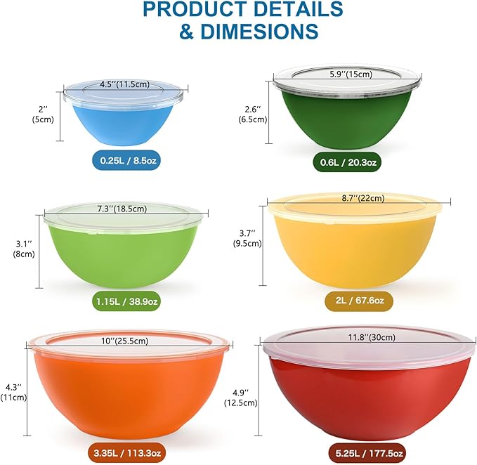 6-Piece Plastic Mixing Bowl Set with Lids for Kitchen, Nesting Storage Bowls for Baking, Prepping,Cooking and Serving Food, Dishwasher, Microwave Safe,Great for Mixing & Serving(6 Set-Rose Red)