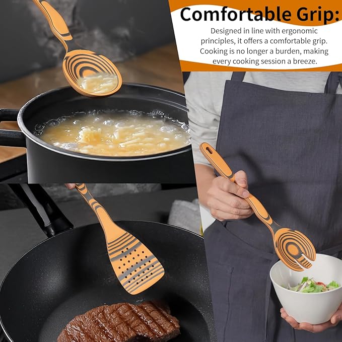 Professional Kitchen Wood Fiber Cooking Spoons|7-Piece Curved Handles Non-Scratch, Heat Resistant, Dishwasher Safe Wooden Utensil Set for Non-Stick Pans, Sauce Making, Stirring & Serving|Kitchen Gifts