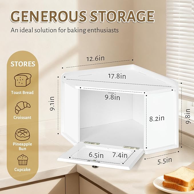 Corner Bread Box for Kitchen Countertop, Wooden Bread Storage for Homemade Bread, Rustic Breadbox with Acrylic Wavy Door, Bread Container for Kitchen Counter Cabinet, Pantry, Cupboard