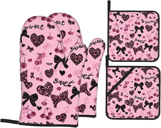 Oven Mitts Lovely Pink Heat Resistant Silicone Oven Mitts Set of 4,Oven Gloves for Cooking BBQ, Suitable for Barbecues Baking Cooking Microwave Cooking Gift