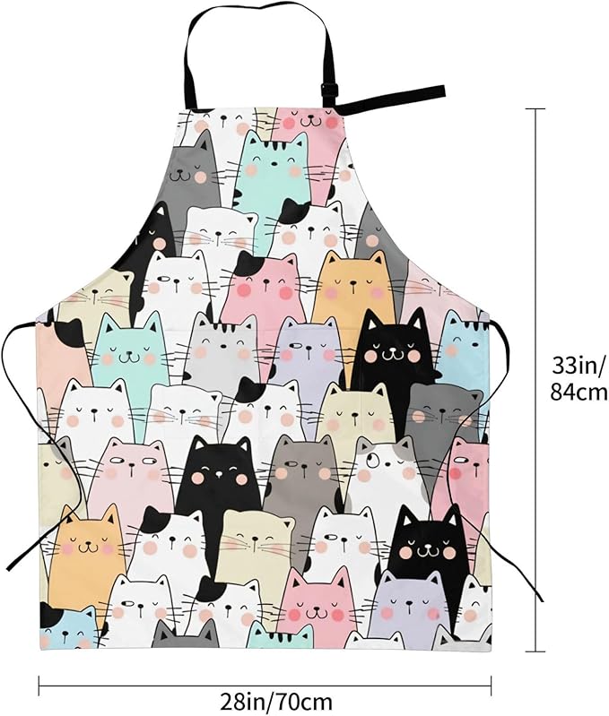 Cute Cat Apron Adjustable with 2 Pockets Cooking Kitchen Aprons for Men Women Outdoors Baking Chef Apron