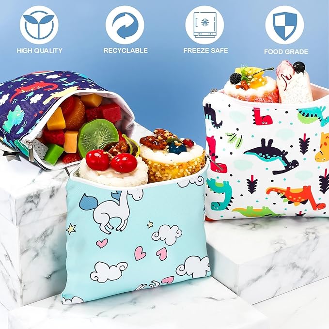 Chumia 6 Pcs Reusable Snack Bags Christmas Gifts Food Safety Washable Snack Bags Lunch with Zipper Portable Sandwich Bag Food Storage Pouch Double Layer(Animal,7 x 7 Inches)
