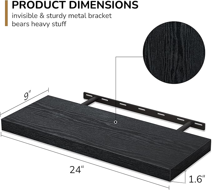 Fun Memories Floating Shelves - 2 Pack 9 Inch Deep Rustic Wooden Wall Shelves - Wall Mounted Storage Shelf with Invisible Brackets, 24" W x 9" D x 1.6" H - Black