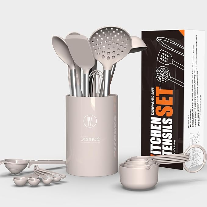 Large Silicone Cooking Utensils Set - Heat Resistant Kitchen Utensils,Turner Tongs,Spatula,Spoon,Brush,Whisk,Stainless Steel Silicone Cooking Tool for Nonstick Cookware,Dishwasher Safe (Khaki)