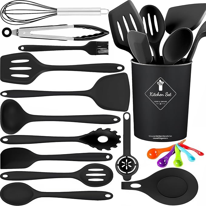 18 Pcs Cooking Utensils Set, Kitchen Utensils Set with Utensil Holder, 446°F Heat Resistant Silicone Spatula Set, Kitchen Gadgets Tools Set for Nonstick Cookware BPA FREE