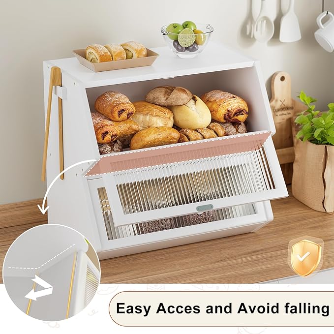 WOWLIVE Double Layer Bread Box for Kitchen Countertop, Large Bamboo Bread Storage Container for Homemade Bread, Farmhouse Bread Holder for Kitchen Counter Cabinet, Pantry, (White, Extra Large)