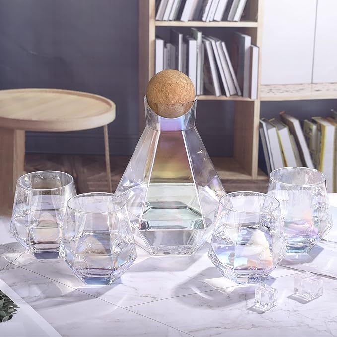 CUKBLESS Wine Decanter And Glasses Set of 4, Diamond Iridescent Wine Carafe With Cork Ball Stopper, Hand Blown Glass, for Wine Lovers