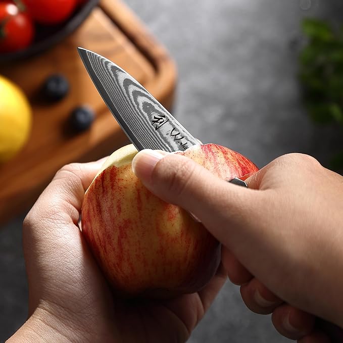 Wakoli HIK Damascus Office Knife – Full Tang Paring Knife | 3.4-Inch Blade Made of 67-Layer Damascus Steel with VG10 Core | Walnut Wood Handle | Sharp, Durable, Gift Box Included
