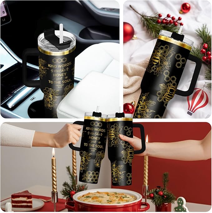 34HD Honey Bee Tumbler with Handle & Straw, 40oz Stainless Steel Vacuum Insulated Christian Coffee Mug, Bee Gifts for Birthday Mothers Day Christmas, Gifts for Women Teachers Mom Daughter Friend
