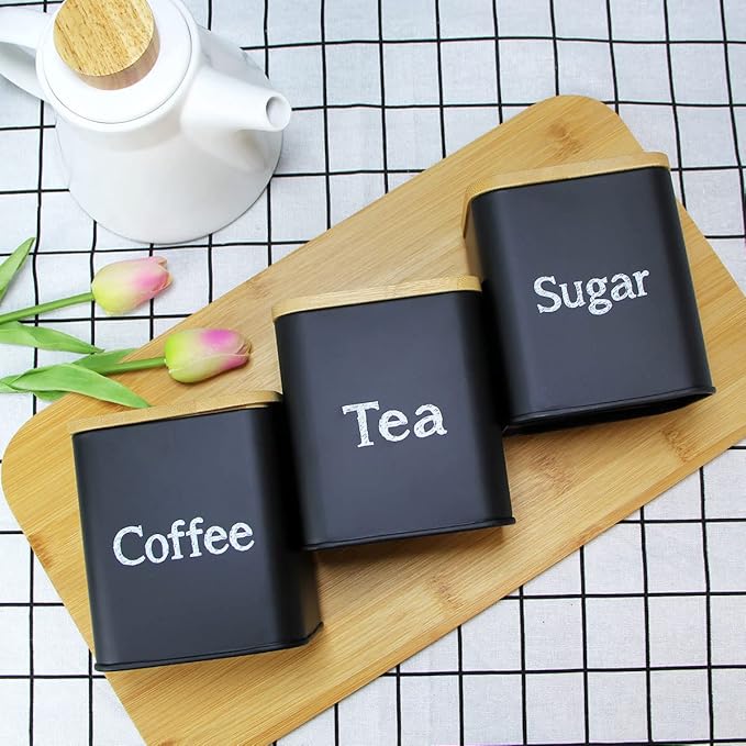SOTECH Bread Box with 3pcs Jars Coffee Sugar Tea for Kitchen Countertop White Metal Bread Box with Bamboo Board Cover Pastry Storage Container Set Kitchen decor (Black Box and Jars)