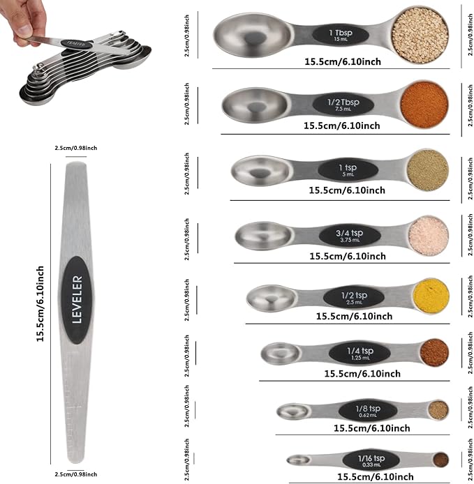 Measuring Spoon Set of 9 Magnetic Measuring Spoons Dual Sided Stainless Steel Measuring Spoons Stackable Nesting Tablespoon Teaspoon, Fits in Spice Jars, for Dry or Liquid Ingredients