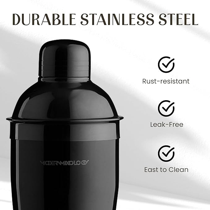 Modern Mixology 21-Piece Cocktail Shaker Set with Stand, Bartender Kit for Home Bar Accessories: 24oz Martini Shaker, Jigger, Strainer, Bar Spoon, Tongs, Opener, Muddler (Black, Brown Stand)