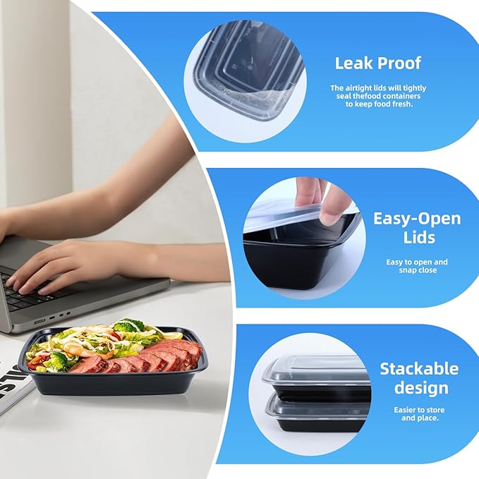 50 Pack (100-Piece) 38oz Meal Prep Containers Black Rectangle,Reusable and Sturdy, Leakproof Food Safe Design, Disposable Takeout Lunch Boxes, BPA-Free, Freezer and Dishwasher Safe