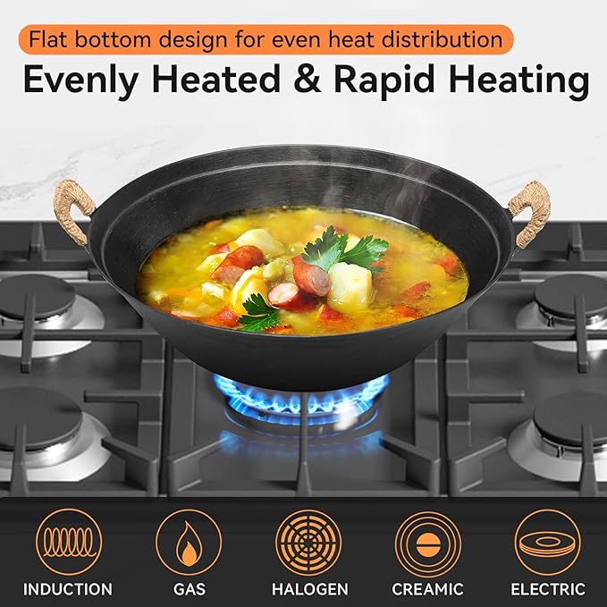 WANGYUANJI 13.4 Inch Cast Iron Wok with Wooden Lid and Stainless Steel Spatula, Flat Bottom Double-Handle Chinese Stir Fry Pan, Uncoated Cast Iron Wok for Induction, Gas and Electric Stoves