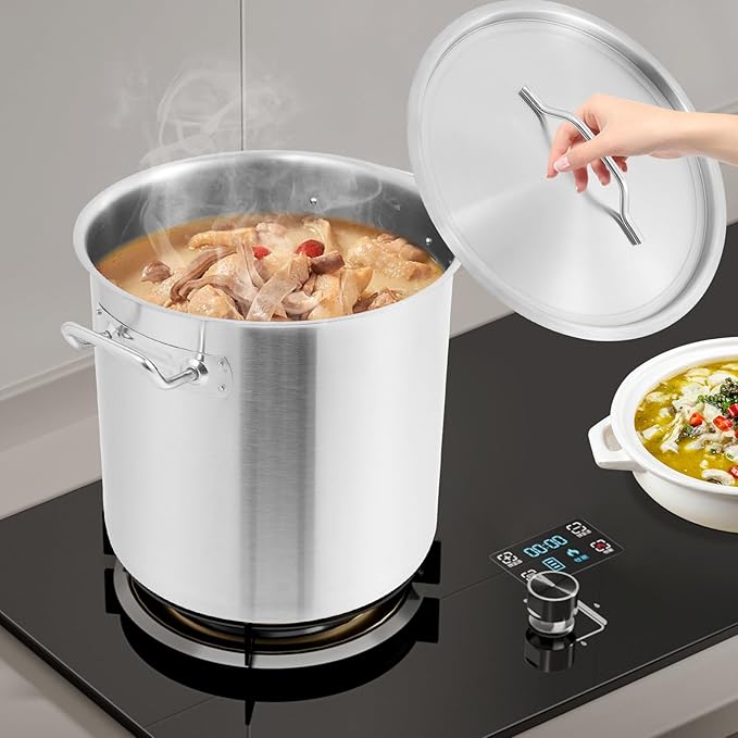 Large Stock Pot with Lid, Stainless Steel Cookware Stockpot, 26.4 Quart Heavy Duty Soup Pot with 2 Handles, All Stoves Compatible, Fast and Uniform Heating