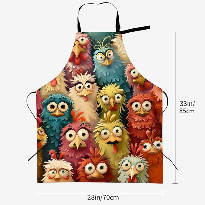 Cartoon Chickens Apron for Women, 28x33in, Kitchen Chef Aprons with 2 Pockets, Polyester, Colorful Chicken Faces Apron for Cooking BBQ Baking Gardening Chef, Gifts for Mom Wife Dad